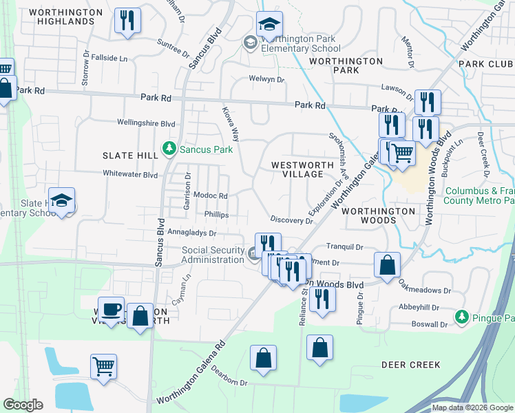 map of restaurants, bars, coffee shops, grocery stores, and more near 1029 Discovery Drive in Worthington
