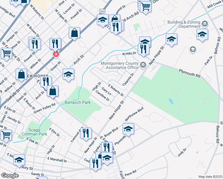 map of restaurants, bars, coffee shops, grocery stores, and more near 628 East Roberts Street in Norristown