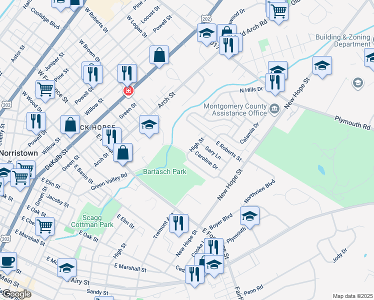 map of restaurants, bars, coffee shops, grocery stores, and more near 1601 High Street in Norristown