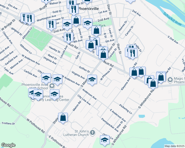 map of restaurants, bars, coffee shops, grocery stores, and more near 835 South Main Street in Phoenixville