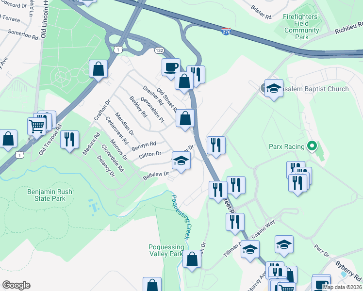 map of restaurants, bars, coffee shops, grocery stores, and more near 3550 Old Street Road in Bensalem