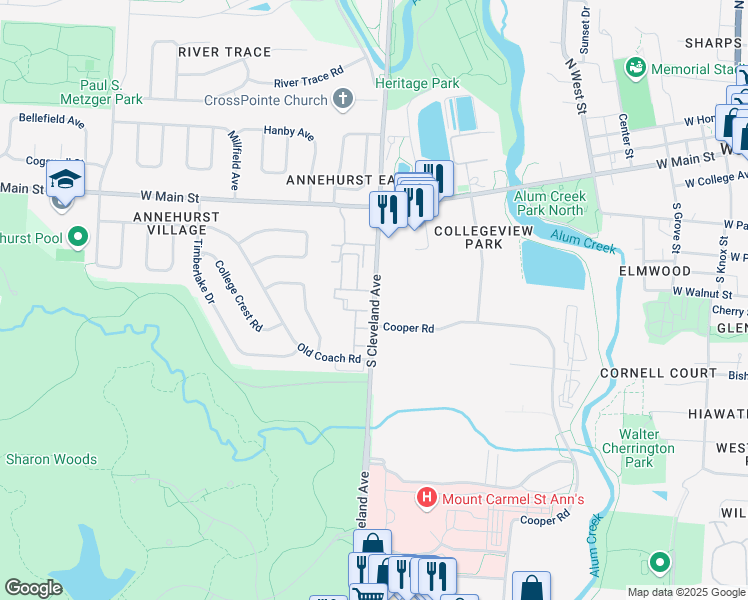 map of restaurants, bars, coffee shops, grocery stores, and more near 370 South Cleveland Avenue in Westerville