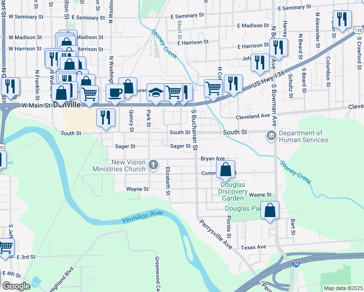 map of restaurants, bars, coffee shops, grocery stores, and more near 651 Sager Street in Danville