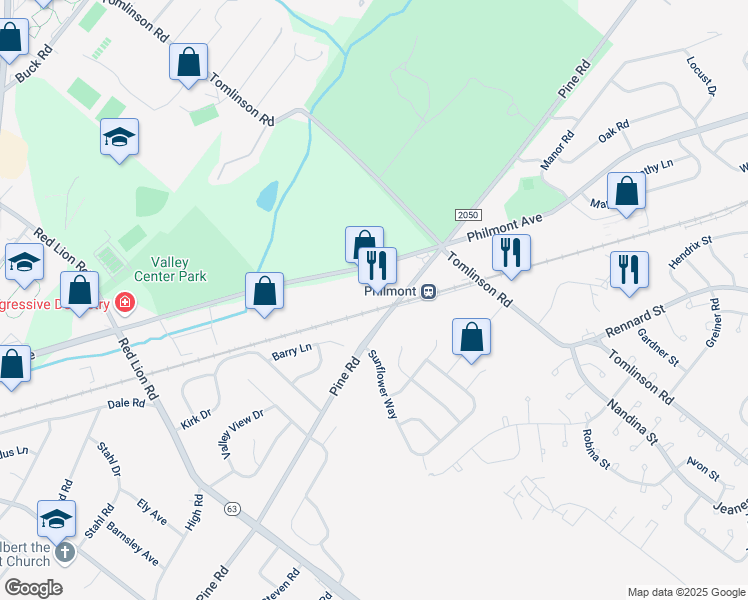 map of restaurants, bars, coffee shops, grocery stores, and more near 2840 Pine Road in Montgomery County