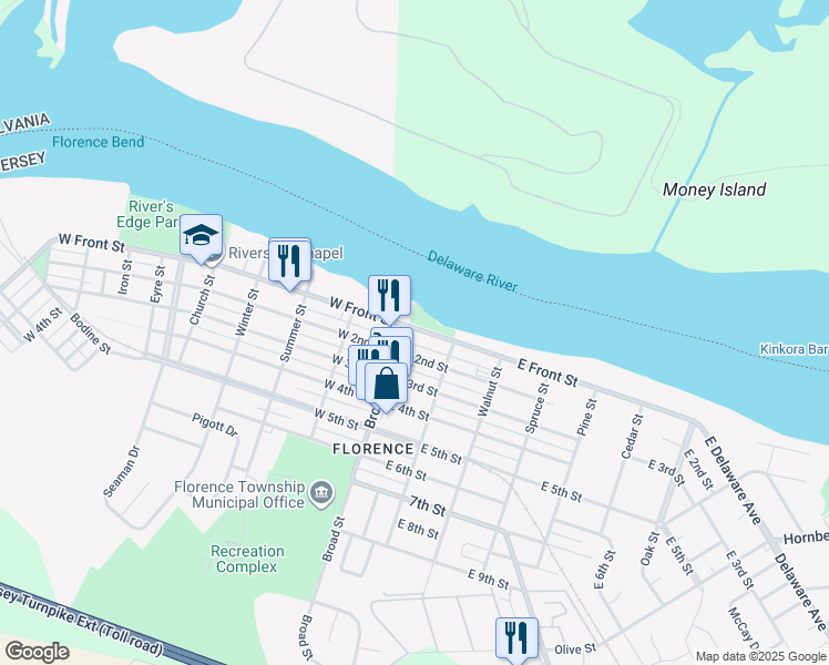 map of restaurants, bars, coffee shops, grocery stores, and more near 16 East Front Street in Florence
