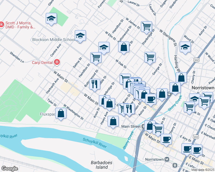 map of restaurants, bars, coffee shops, grocery stores, and more near 551 Stanbridge Street in Norristown