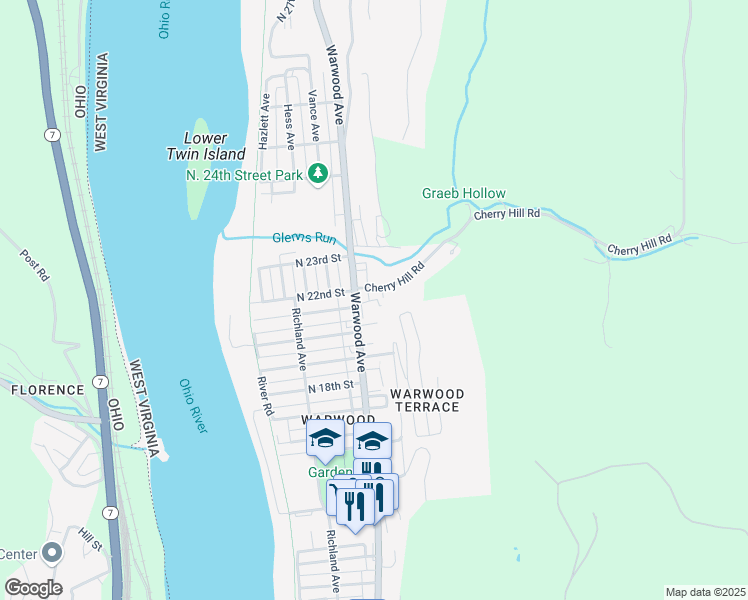 map of restaurants, bars, coffee shops, grocery stores, and more near 96 Cherry Hill Road in Wheeling