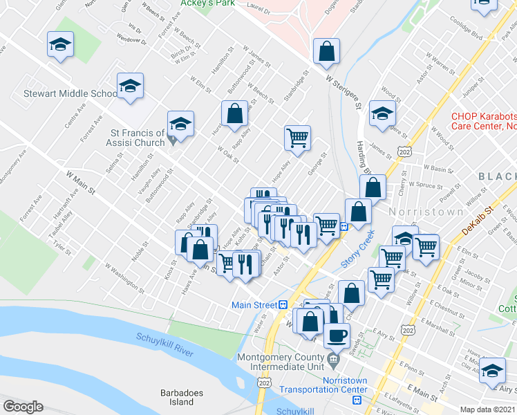 map of restaurants, bars, coffee shops, grocery stores, and more near 627 Kohn Street in Norristown