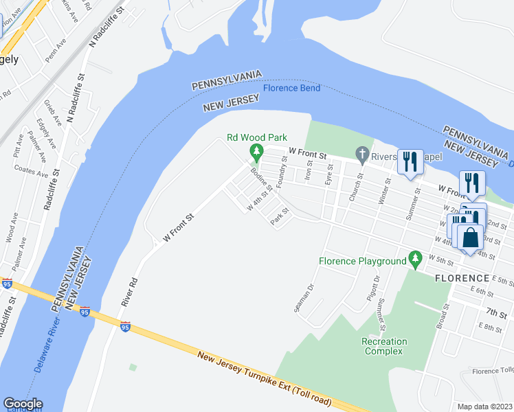 map of restaurants, bars, coffee shops, grocery stores, and more near 1020 West 4th Street in Florence Township