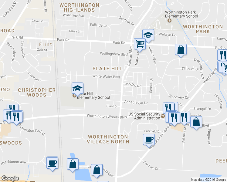 map of restaurants, bars, coffee shops, grocery stores, and more near 763 Ficus Drive in Columbus