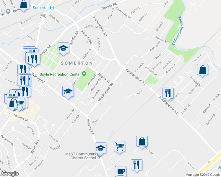 map of restaurants, bars, coffee shops, grocery stores, and more near 13043 Worthington Road in Philadelphia