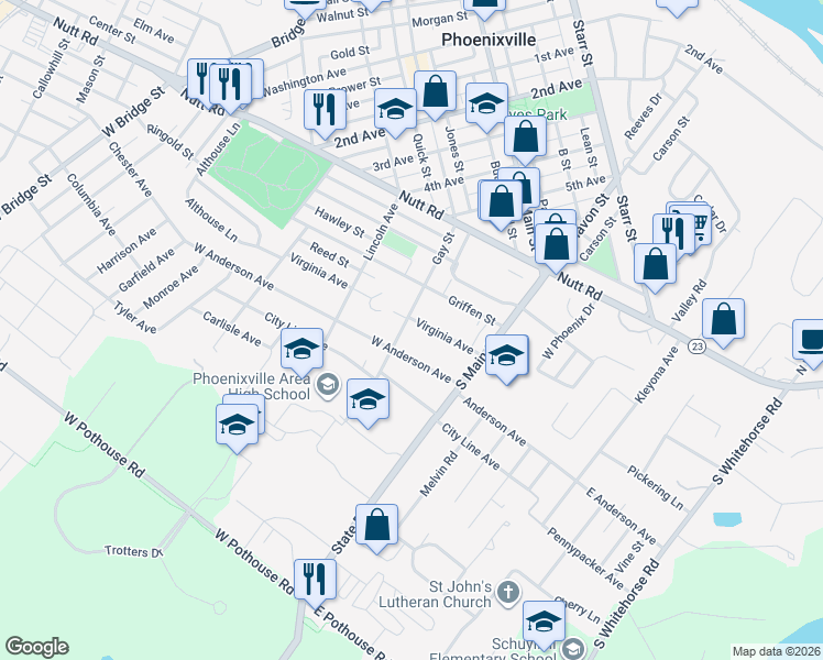 map of restaurants, bars, coffee shops, grocery stores, and more near 241 Virginia Avenue in Phoenixville