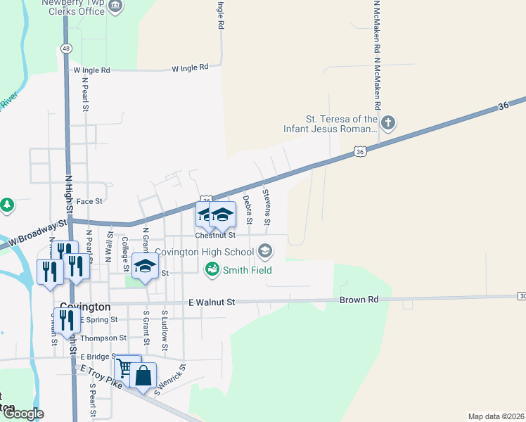 map of restaurants, bars, coffee shops, grocery stores, and more near 309 Stevens Street in Covington