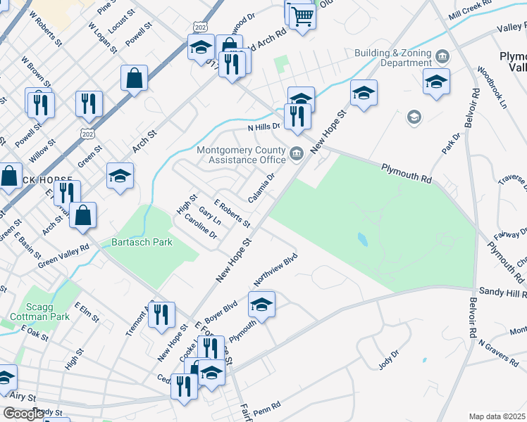 map of restaurants, bars, coffee shops, grocery stores, and more near 1709 New Hope Street in Norristown