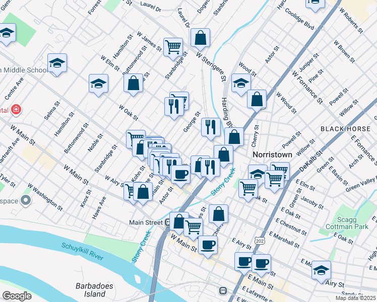 map of restaurants, bars, coffee shops, grocery stores, and more near 714 Chain Street in Norristown