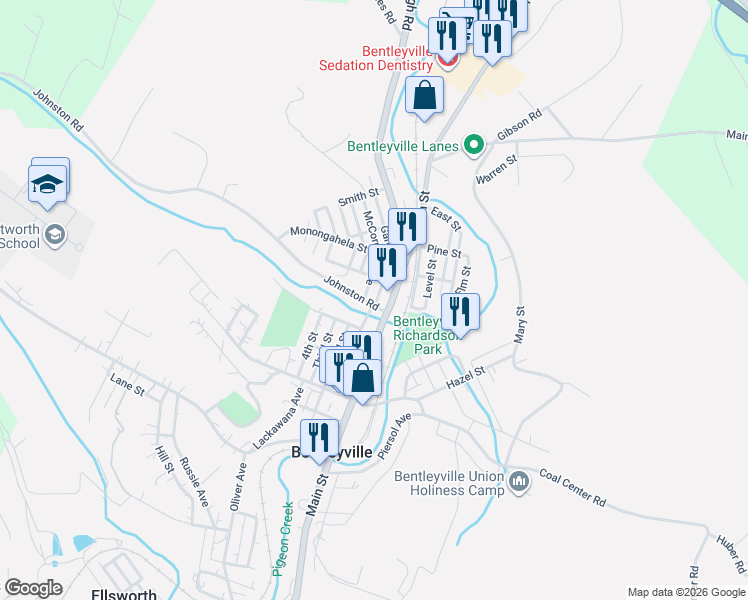 map of restaurants, bars, coffee shops, grocery stores, and more near 202 Johnston Road in Bentleyville