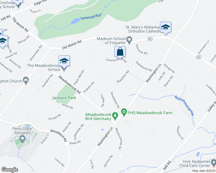 map of restaurants, bars, coffee shops, grocery stores, and more near 1390 Revelation Road in Jenkintown