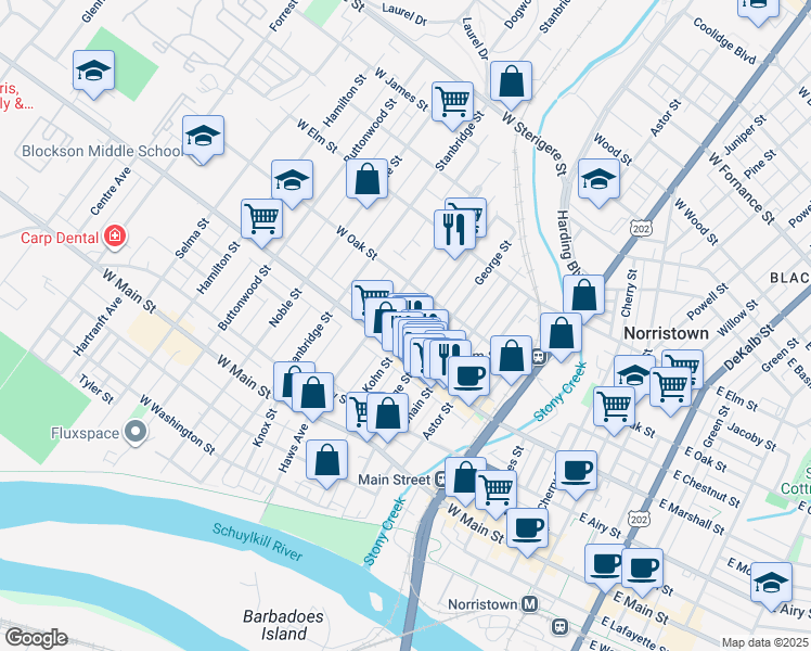 map of restaurants, bars, coffee shops, grocery stores, and more near 629 Kohn Street in Norristown