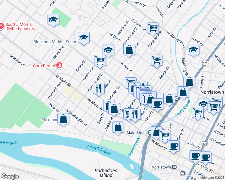 map of restaurants, bars, coffee shops, grocery stores, and more near 553 Stanbridge Street in Norristown