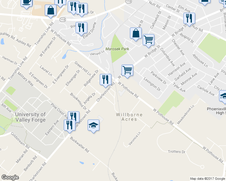 map of restaurants, bars, coffee shops, grocery stores, and more near 66 Ashwood Lane in Phoenixville