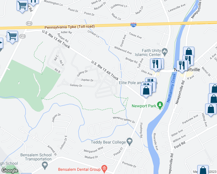 map of restaurants, bars, coffee shops, grocery stores, and more near 1302 Gibson Road in Bucks County