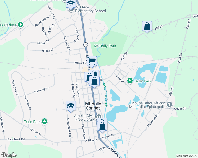 map of restaurants, bars, coffee shops, grocery stores, and more near 7 Mill Street in Mount Holly Springs