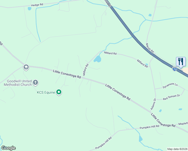 map of restaurants, bars, coffee shops, grocery stores, and more near 1780 Little Conestoga Road in Glenmoore