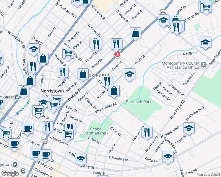 map of restaurants, bars, coffee shops, grocery stores, and more near 1408 Arch Street in Norristown