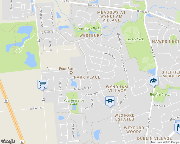 map of restaurants, bars, coffee shops, grocery stores, and more near 6675 Park Mill Drive in Dublin