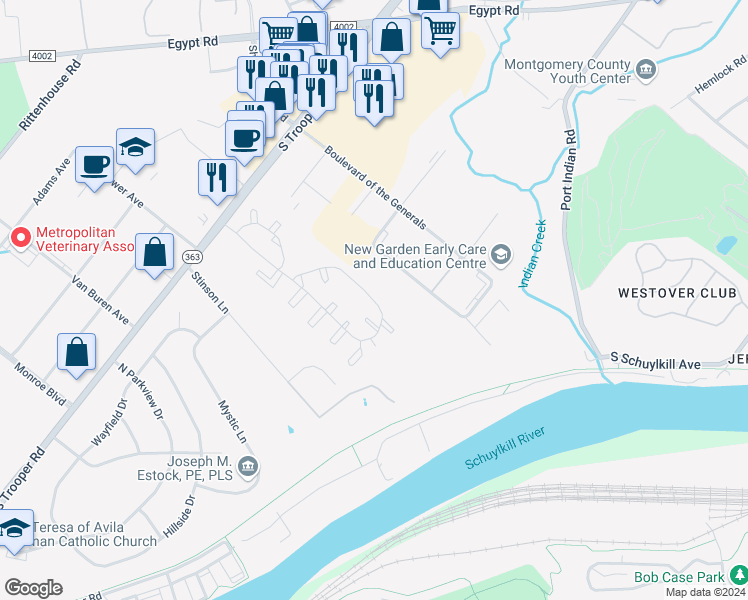 map of restaurants, bars, coffee shops, grocery stores, and more near 269 Stone Ridge Drive in Norristown