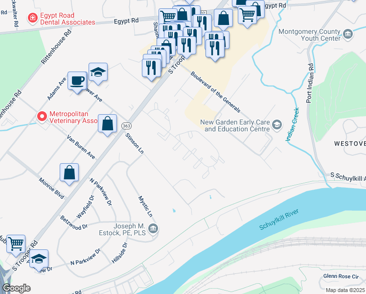 map of restaurants, bars, coffee shops, grocery stores, and more near 1106 Kennedy Court in Norristown