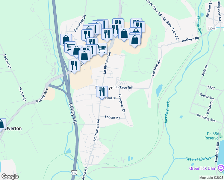map of restaurants, bars, coffee shops, grocery stores, and more near 116 Buckeye Road in Mount Pleasant