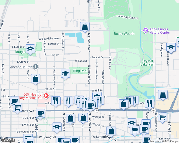 map of restaurants, bars, coffee shops, grocery stores, and more near 702 North Lincoln Avenue in Urbana