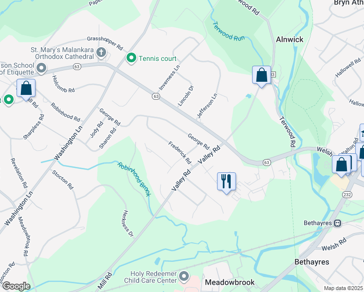 map of restaurants, bars, coffee shops, grocery stores, and more near 1045 Frederick Road in Meadowbrook