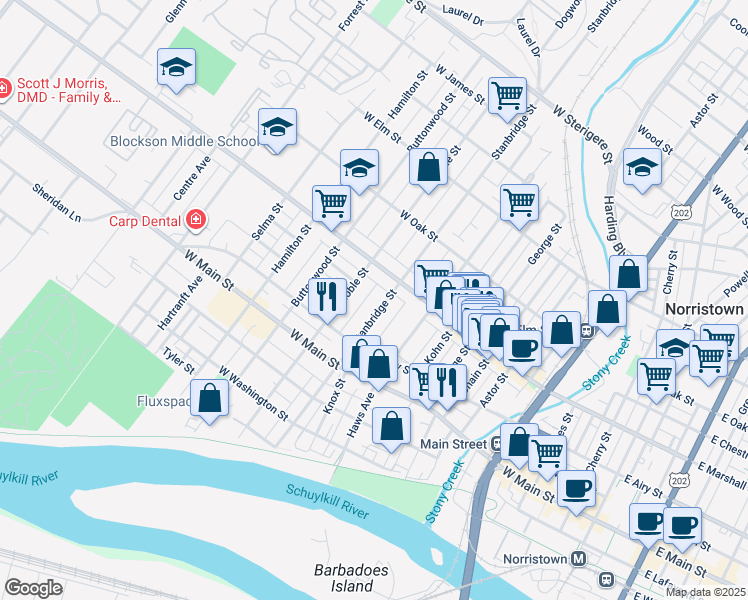 map of restaurants, bars, coffee shops, grocery stores, and more near 555 Stanbridge Street in Norristown