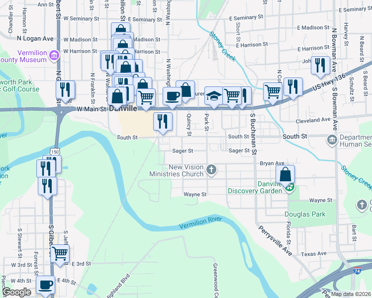 map of restaurants, bars, coffee shops, grocery stores, and more near 415 Sager Street in Danville