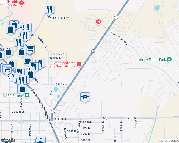 map of restaurants, bars, coffee shops, grocery stores, and more near 1526 East 980 North in Spanish Fork