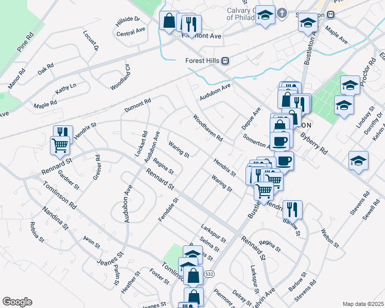 map of restaurants, bars, coffee shops, grocery stores, and more near 11890 Jeanes Street in Philadelphia