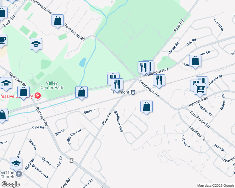 map of restaurants, bars, coffee shops, grocery stores, and more near 2840 Pine Road in Montgomery County