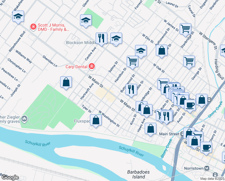 map of restaurants, bars, coffee shops, grocery stores, and more near 1120 West Airy Street in Norristown