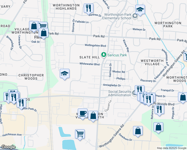 map of restaurants, bars, coffee shops, grocery stores, and more near 763 Ficus Drive in Columbus