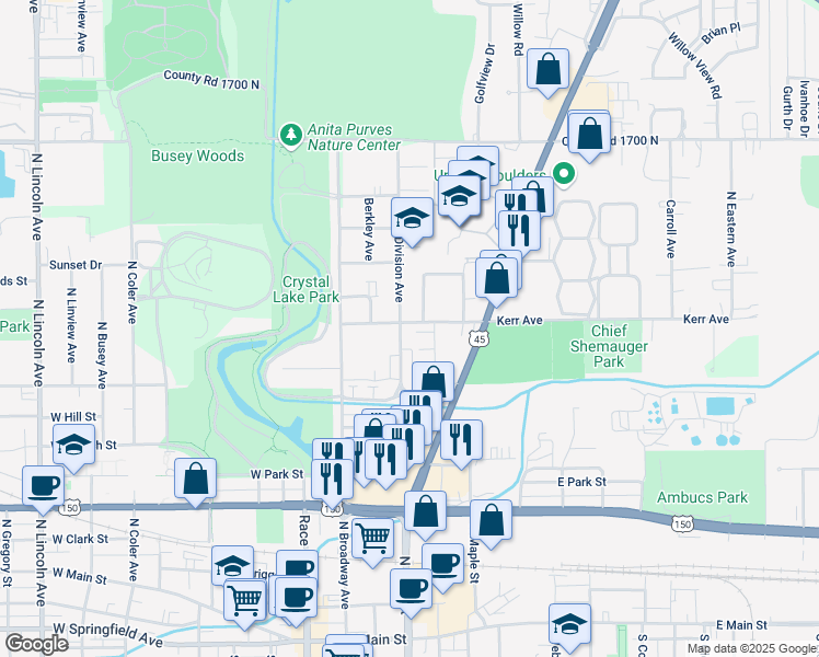 map of restaurants, bars, coffee shops, grocery stores, and more near in Urbana