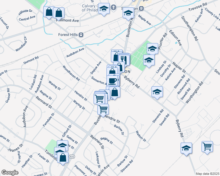 map of restaurants, bars, coffee shops, grocery stores, and more near 11890 Bustleton Avenue in Philadelphia