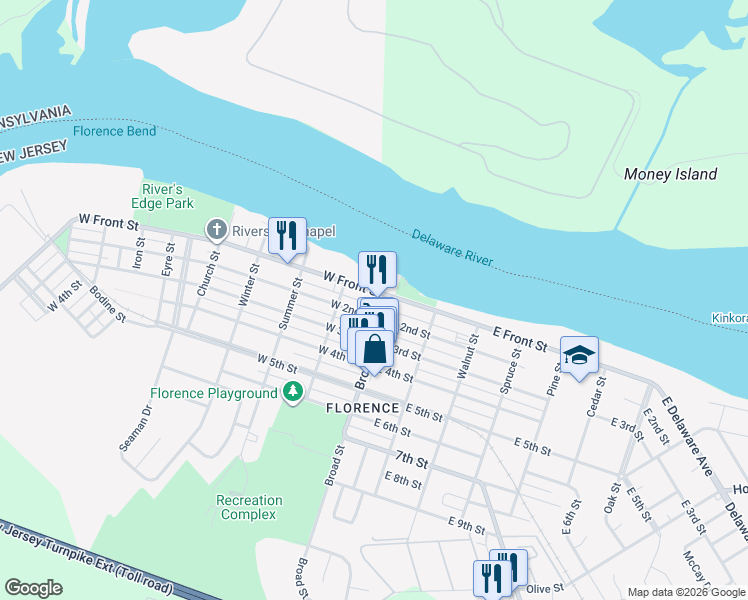 map of restaurants, bars, coffee shops, grocery stores, and more near 14 West Front Street in Florence