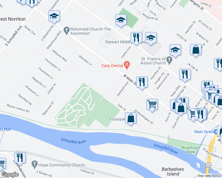 map of restaurants, bars, coffee shops, grocery stores, and more near 106 Forrest Avenue in Norristown
