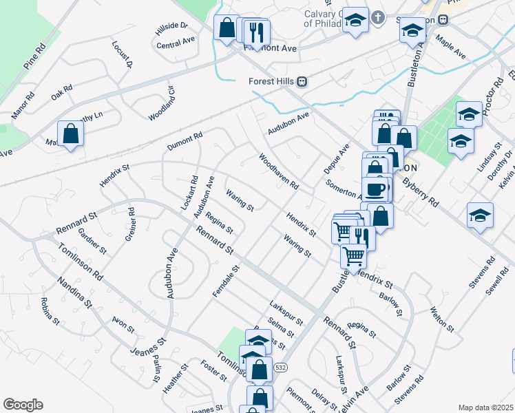 map of restaurants, bars, coffee shops, grocery stores, and more near 11890 Jeanes Street in Philadelphia