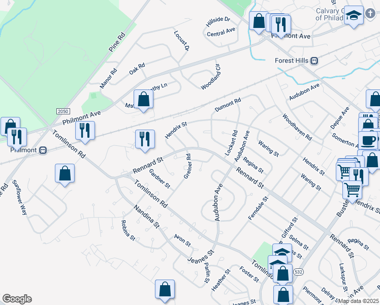 map of restaurants, bars, coffee shops, grocery stores, and more near 148 Rennard St in Philadelphia