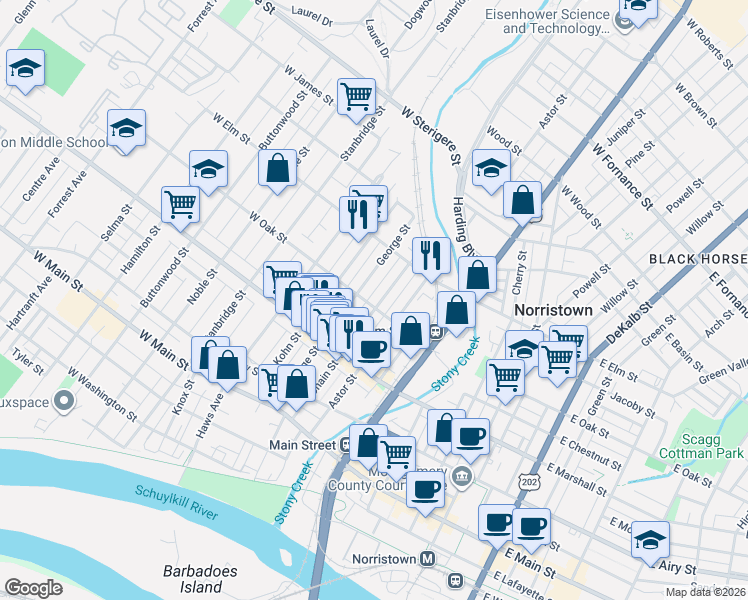 map of restaurants, bars, coffee shops, grocery stores, and more near 702 George Street in Norristown
