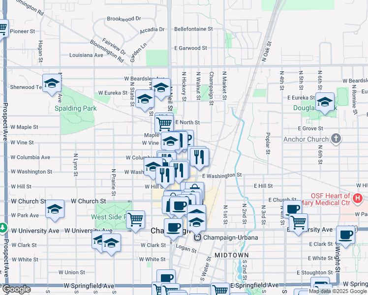 map of restaurants, bars, coffee shops, grocery stores, and more near 600 North Hickory Street in Champaign