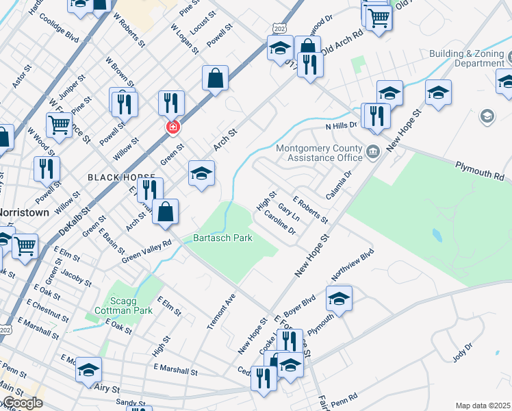 map of restaurants, bars, coffee shops, grocery stores, and more near 1605 High St in Norristown